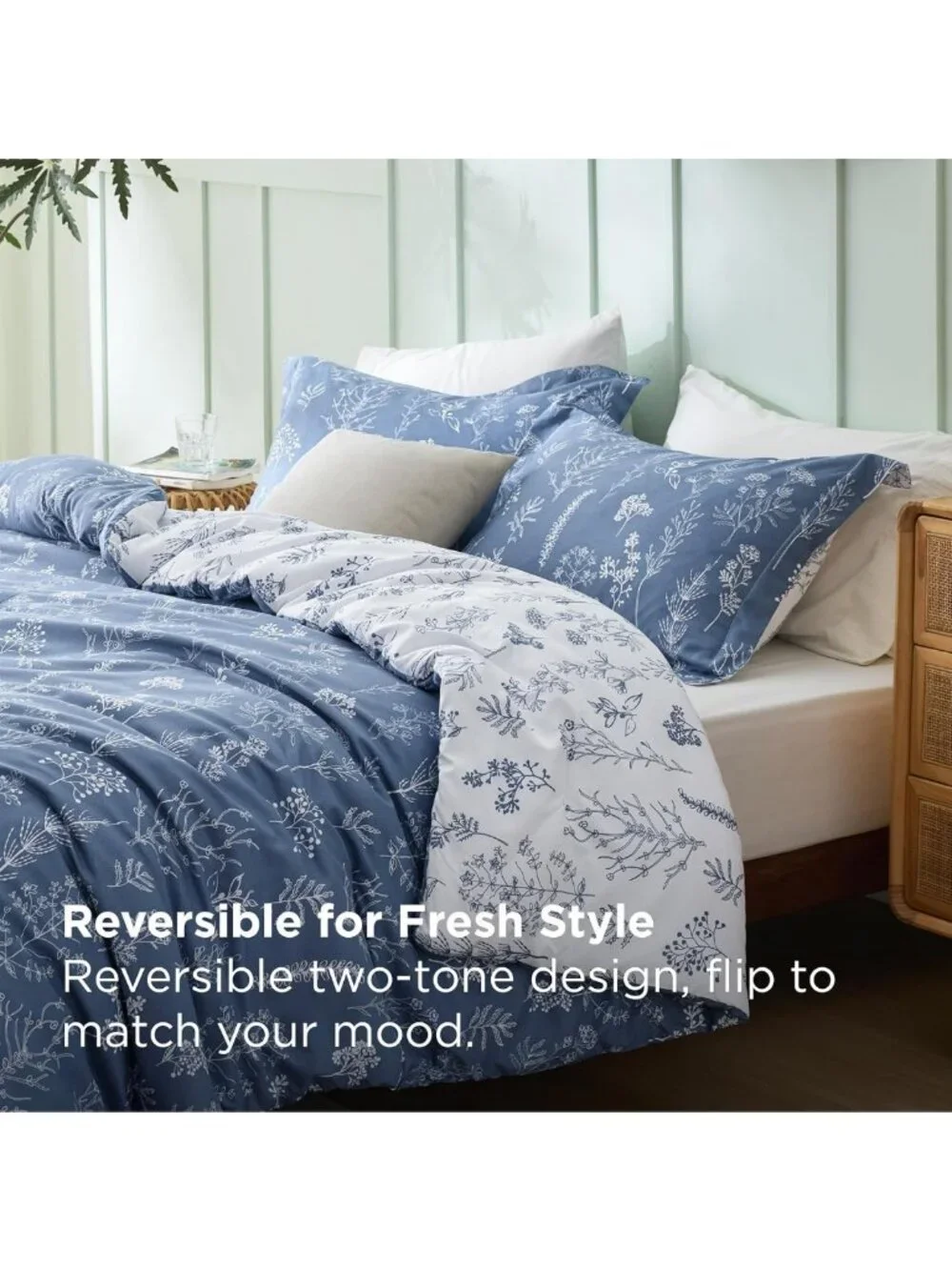 Floral Reversible Comforter Set - Cute Queen Bedding in Infinity Blue Design
